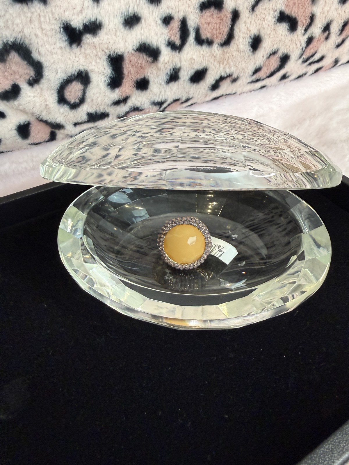 Gold Tone Cocktail Ring Amber Stone Lavender Rhinestone Halo Statement Ring