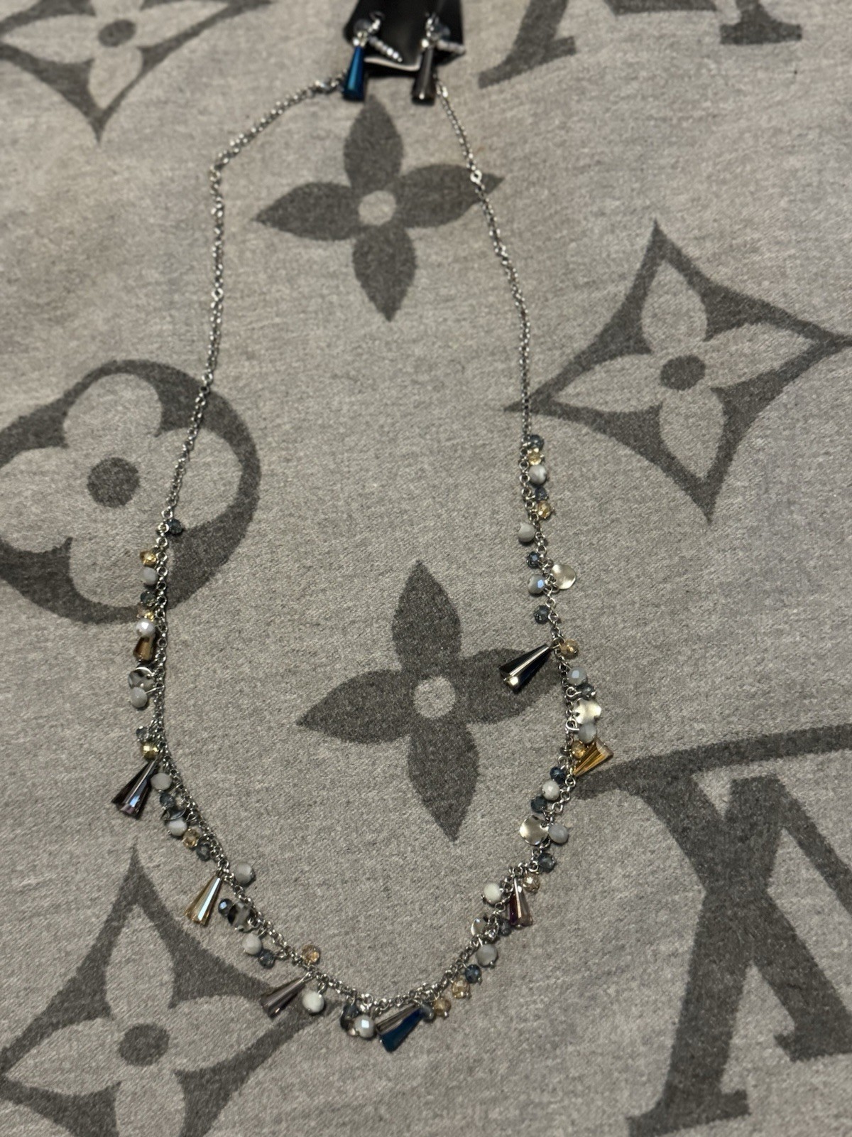 Silver Tone Cable Chain Charm Necklace w/ Multicolor Beads, Asymmetrical
