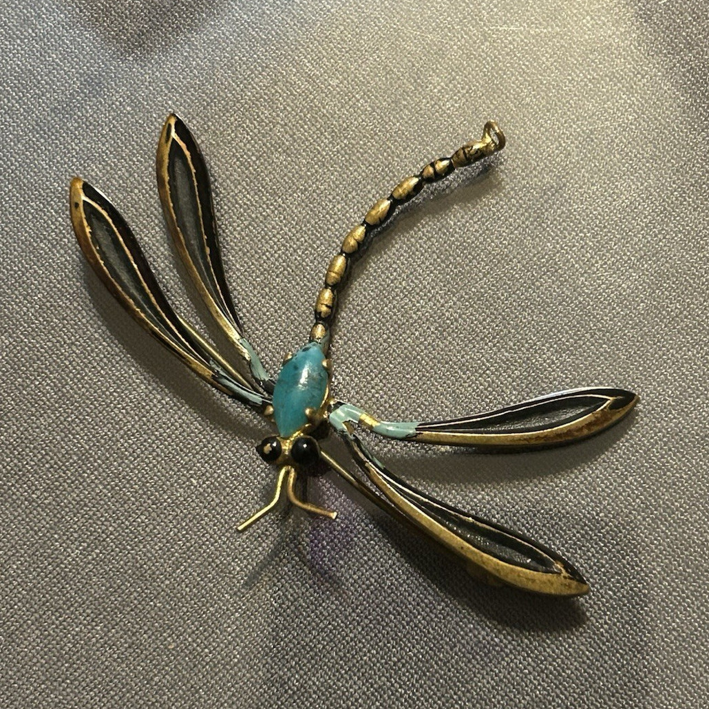 Vintage Art Nouveau Style Gold Tone Enamel Dragonfly Brooch fauxTurquoise