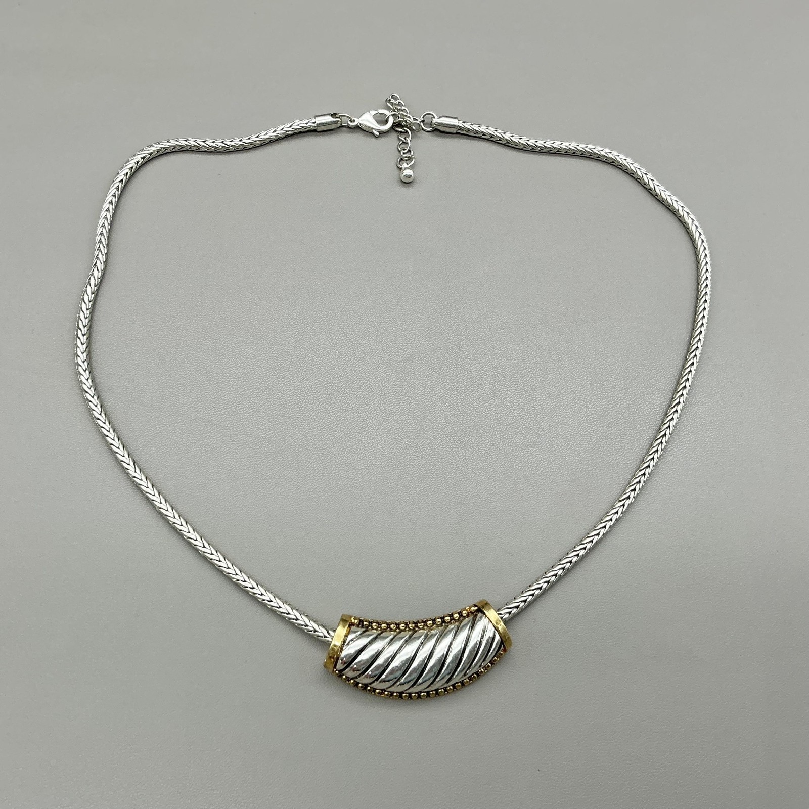 Roman Necklace Statement Silver Tone Gold Accents Curved Pendant Lobster Clasp