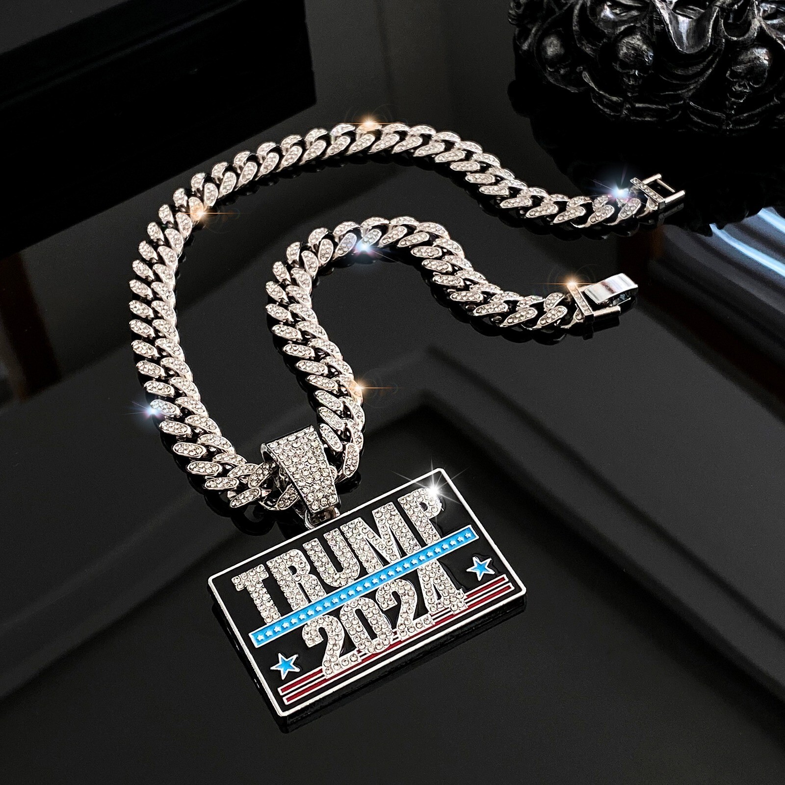 Trump 2024 GEM NECKLACE Gold/Silver Bling Hip Hop Pendant & 24” Chain MAGA