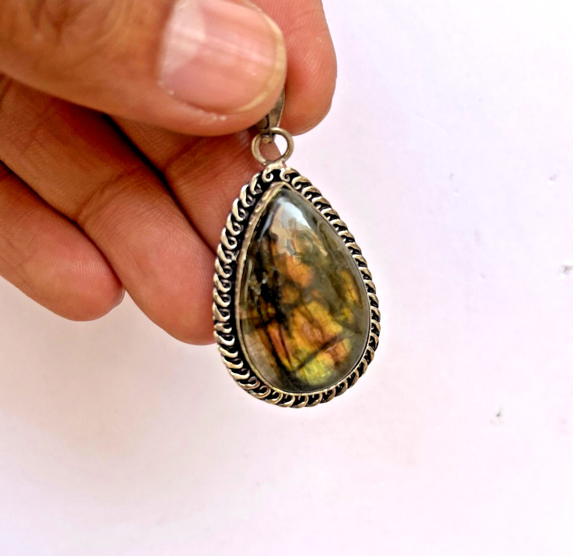 Natural Labradorite Pear Pendant Necklace 24″ Chain Healing Crystal Jewelry