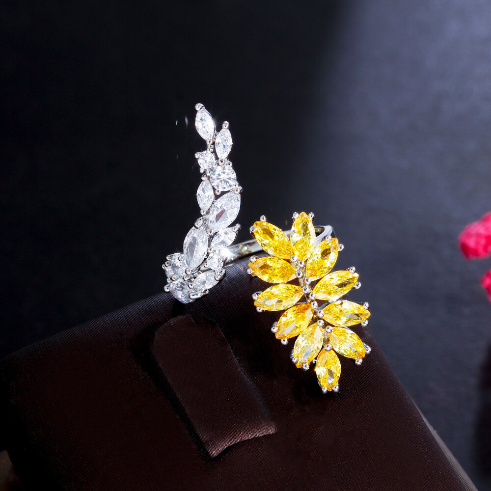 Marquise Silver Plated Yellow Cubic Zirconia Leaf Adjustable Open Cuff Wrap Ring