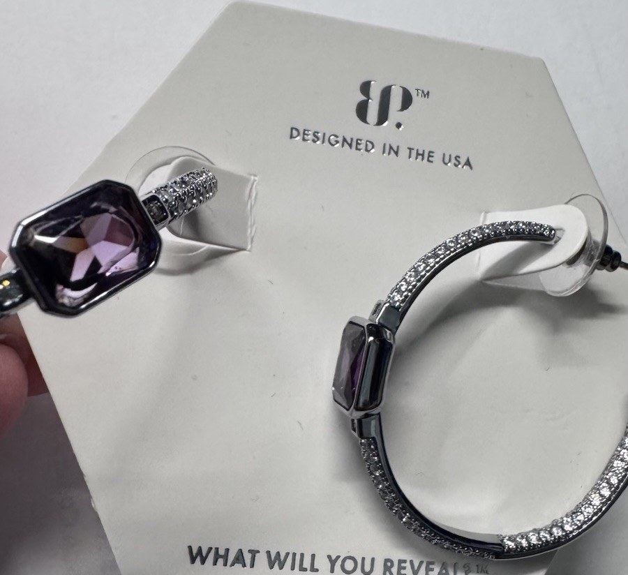 BP Bomb Party The Edge of Sparkle Hematite Plated Amethyst CZ Hoop Earrings Feb