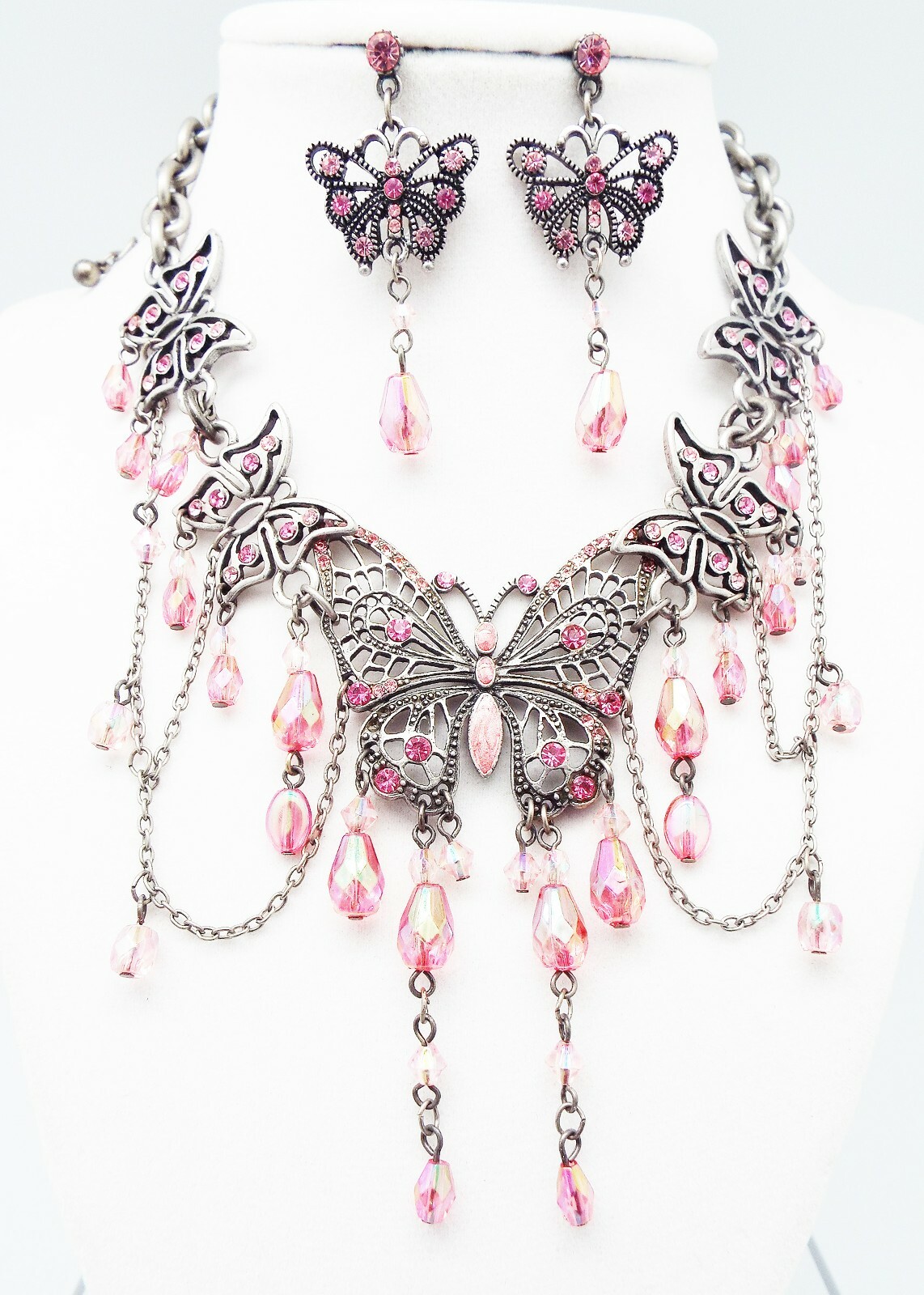 DESIGNER INSPIRED 17 in PINK A/B MULTI CRYSTAL ENAMEL BUTTERFLY JEWELERY SET NEW