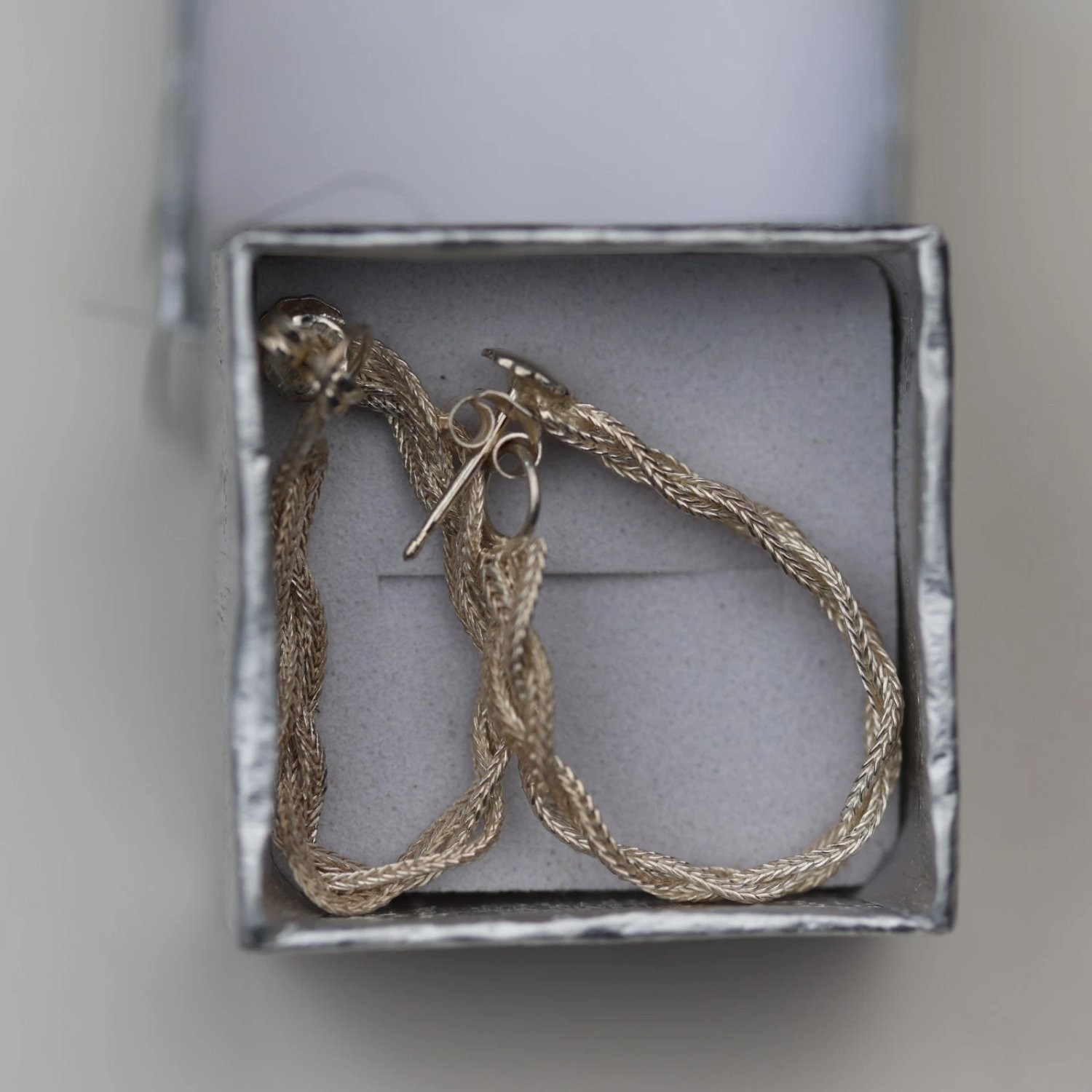 Earrings Medium Silver Sterling Braided Mesh Design Hoop Vintage Italy