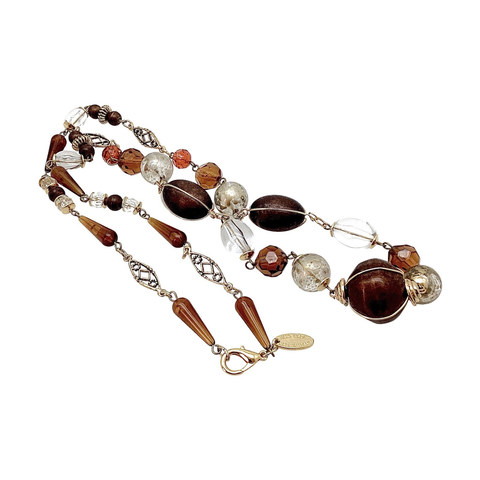 Italy Express 36” Long Beaded Necklace Gold Tone Mixed Materials Statement