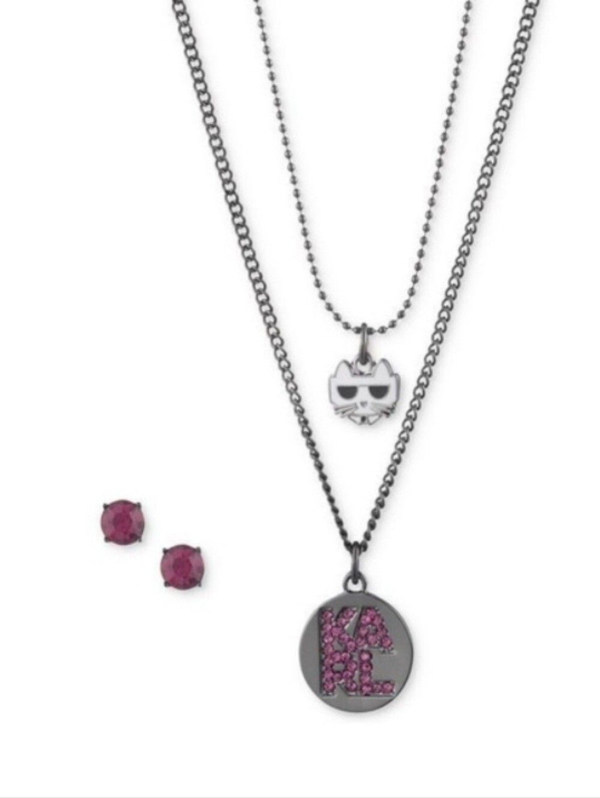 Karl Lagerfeld Pink Crystal ‘Karl’ Pendant Necklace & Stud Earring Set