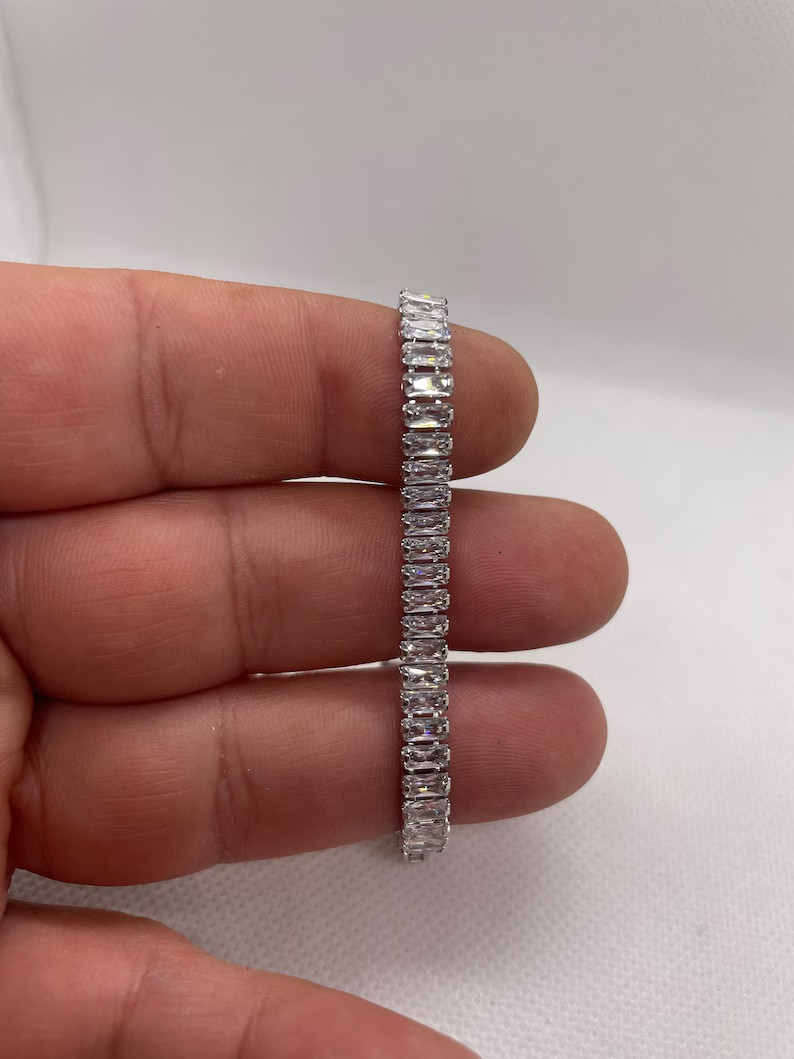 Tennis bracelet baguette cut simulated diamonds 925 sterling 7” long
