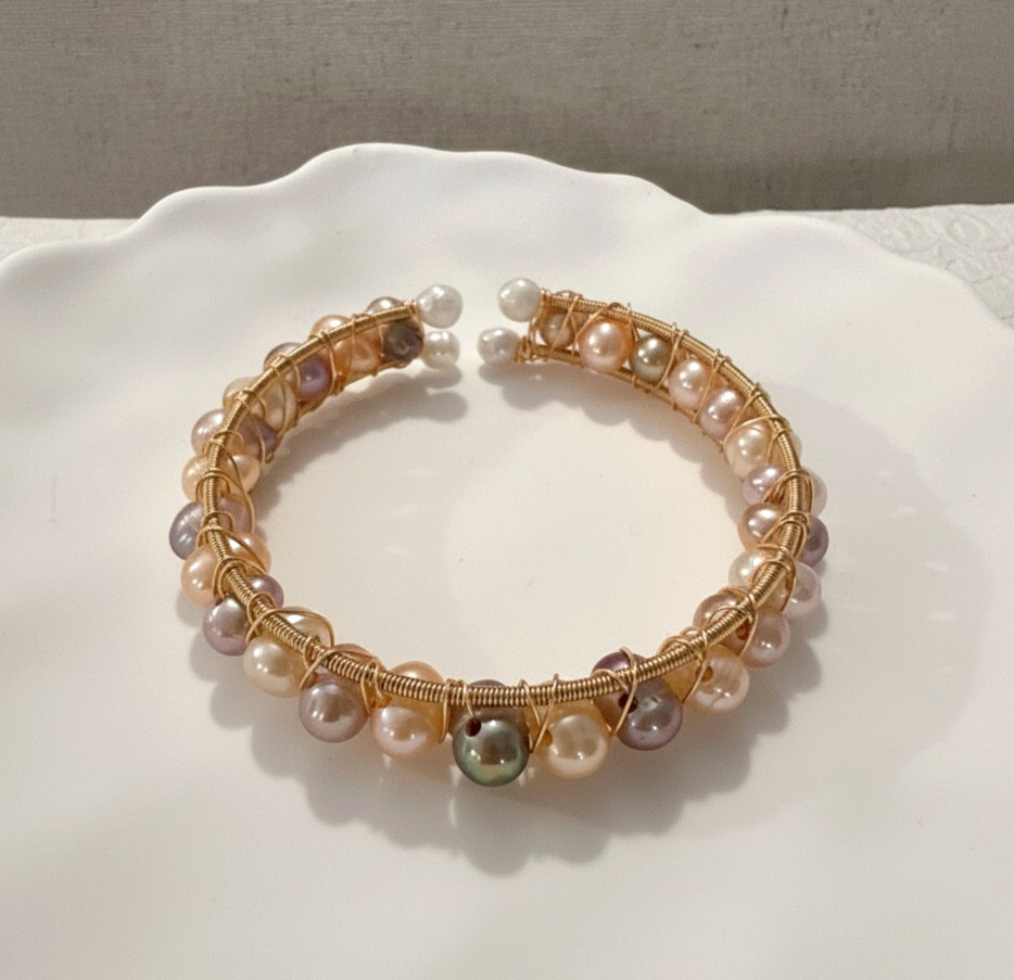 Natural Freshwater Pearl Wire Wrapped Cuff Bracelet Gold Tone Handmade Boho Gift