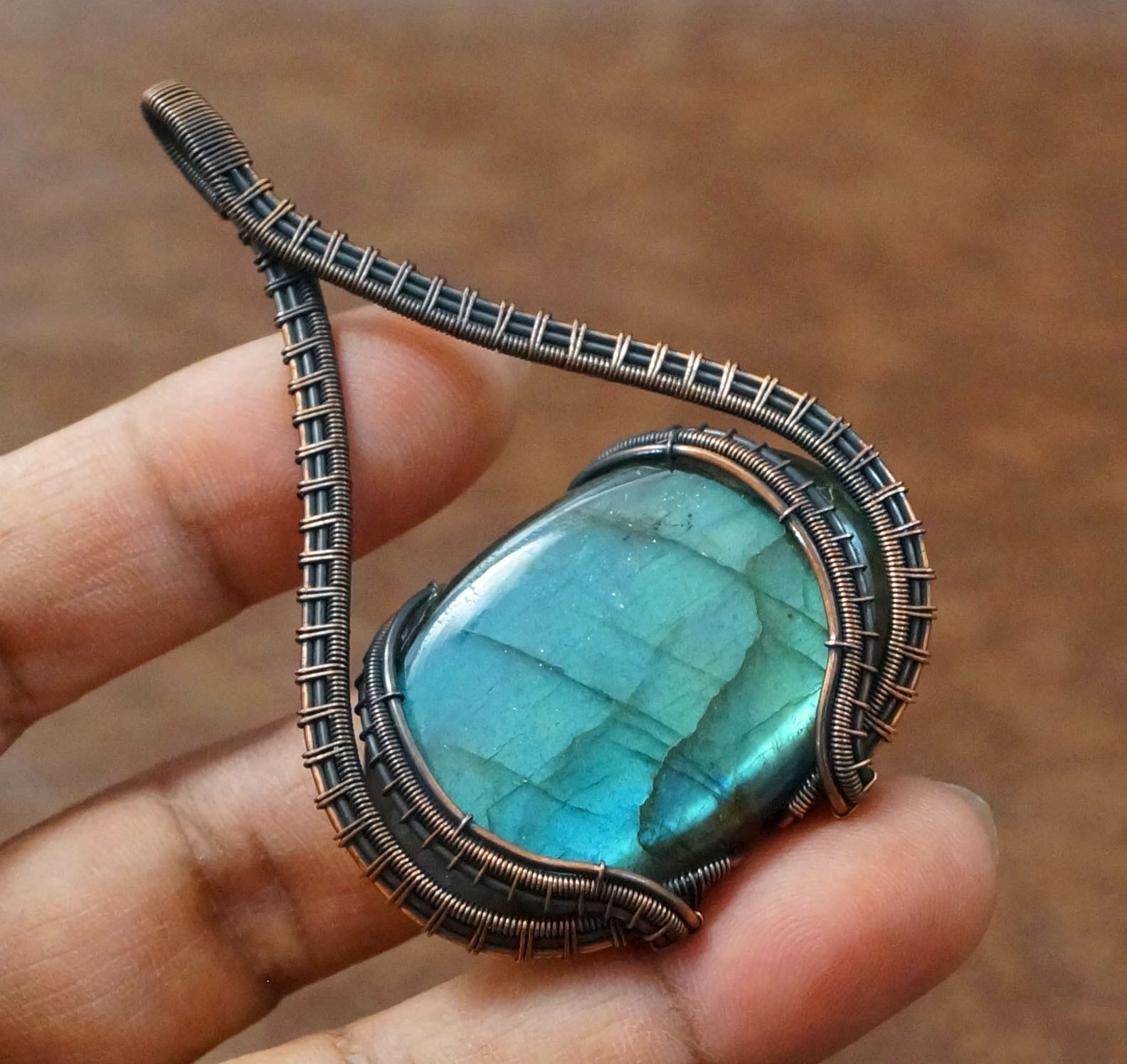 Blue flash Labradorite Copper Pendant Natural Gemstone Handmade Jewelry (PD-33