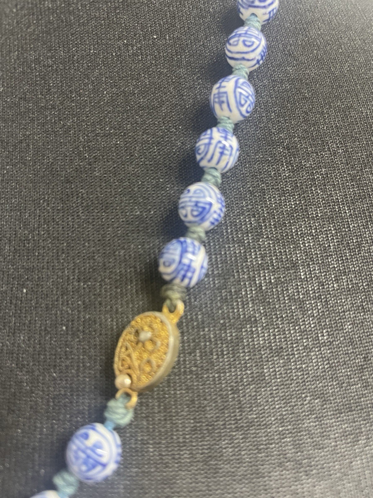 Vintage Chinese Blue &White Porcelain Hand Painted Beads Longevity Necklace