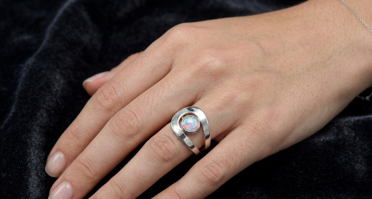 Sterling Silver Opal Ring, Modern Arc Design, Lab Created Gemstone,