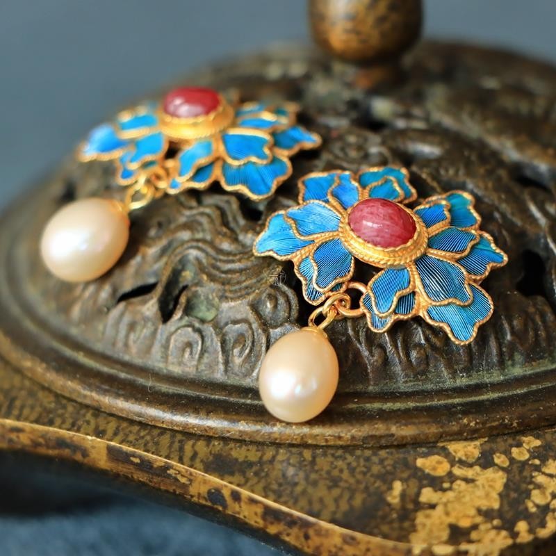Enamel Peony Earrings Retro Style Drop Dangle Jewelry Chinese Hanfu Accessory
