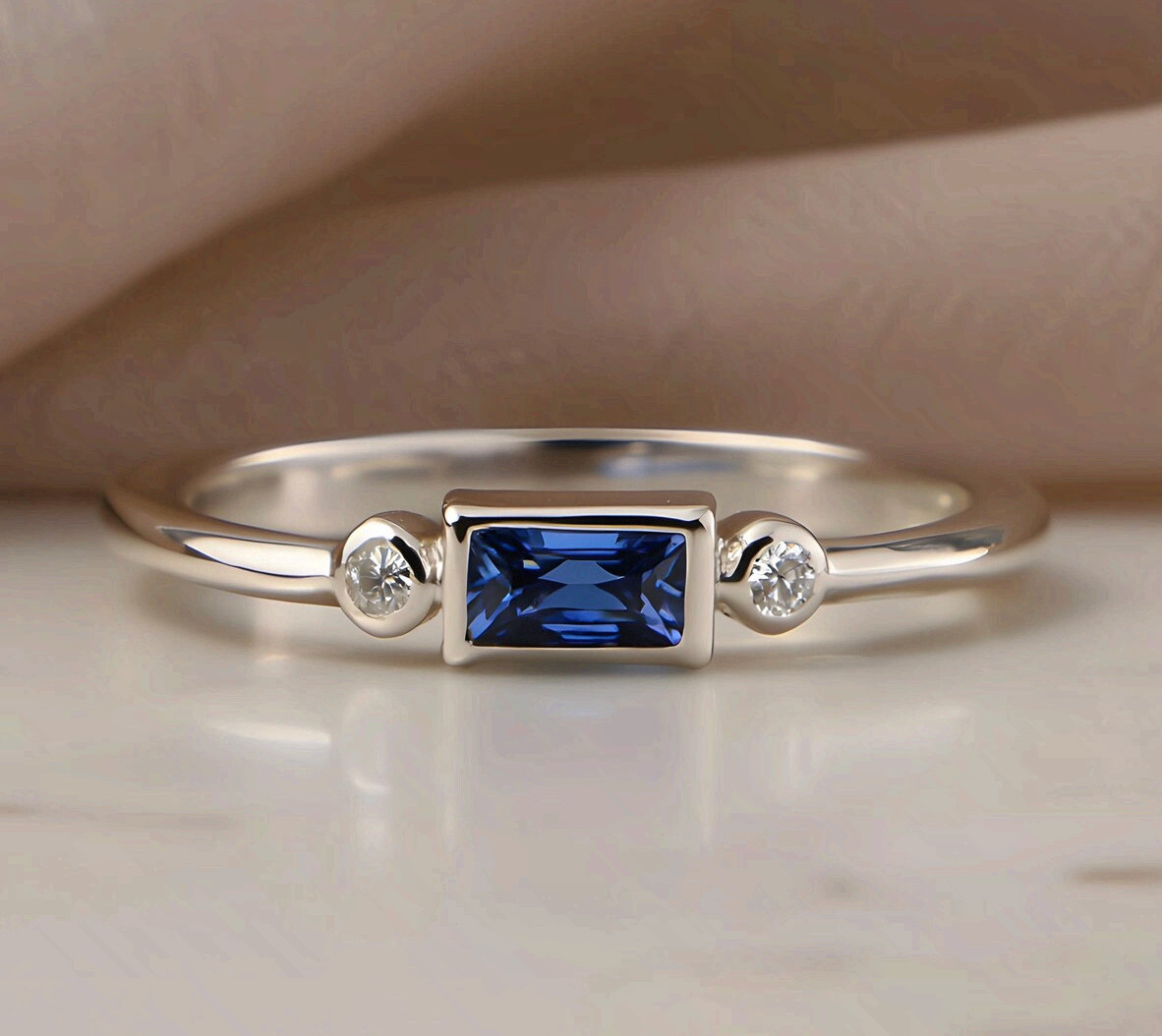 Silver Copper Minimalist Ring Blue Cubic Zirconia Baguette Band