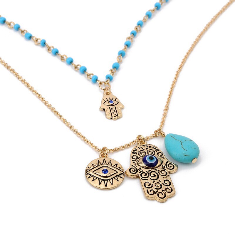 ZARD Evil Eye Hamsa Hand Turquoise Gem Charm Pendant Layered Necklace
