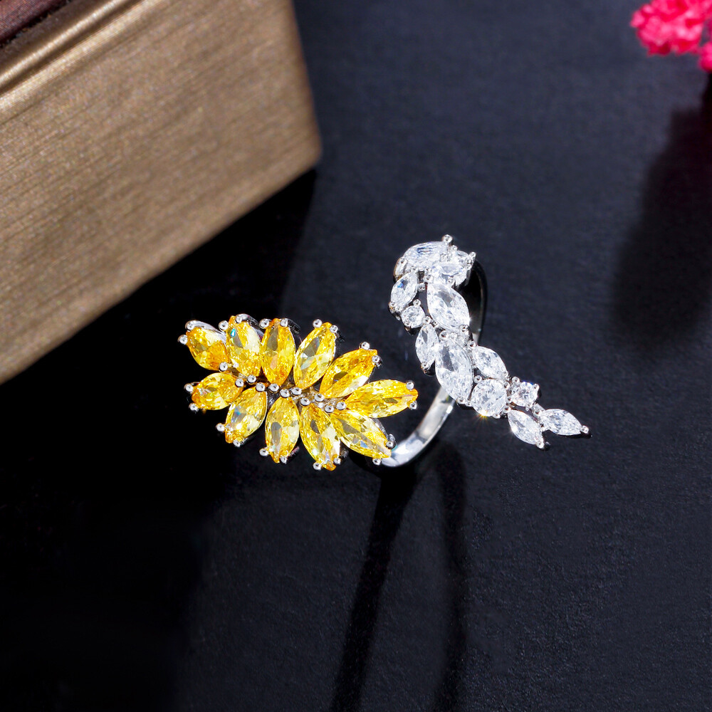 Marquise Silver Plated Yellow Cubic Zirconia Leaf Adjustable Open Cuff Wrap Ring