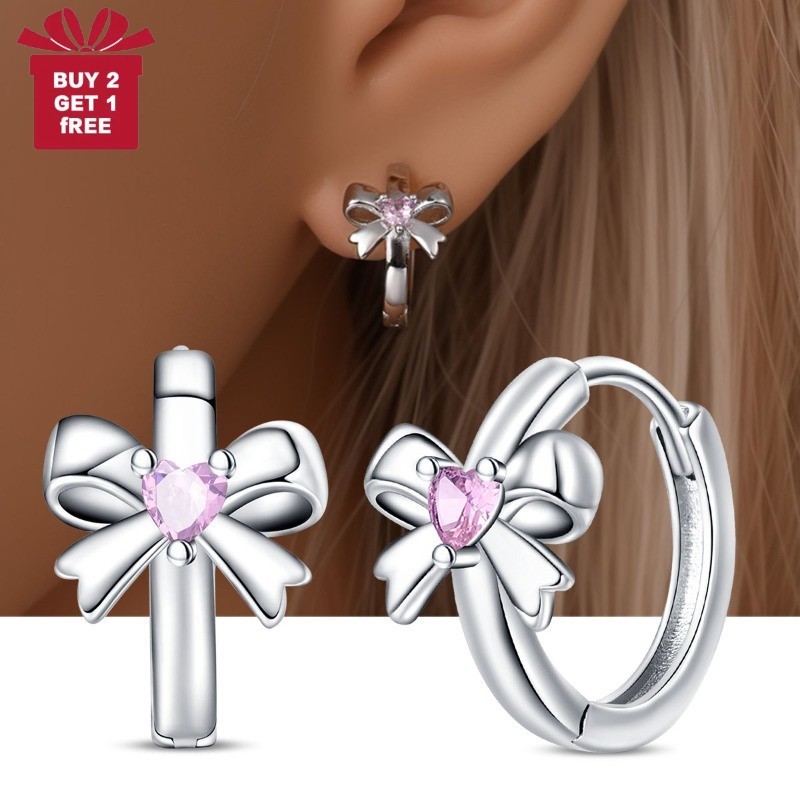 PANDACH Women Sterling Silver Girl CZ Bow Tie Huggie Hoop Earrings Birthday Gift