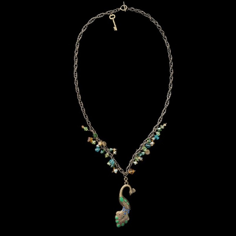 Vintage Bronze Rhinestone Studded Peacock Pendant Beaded Necklace