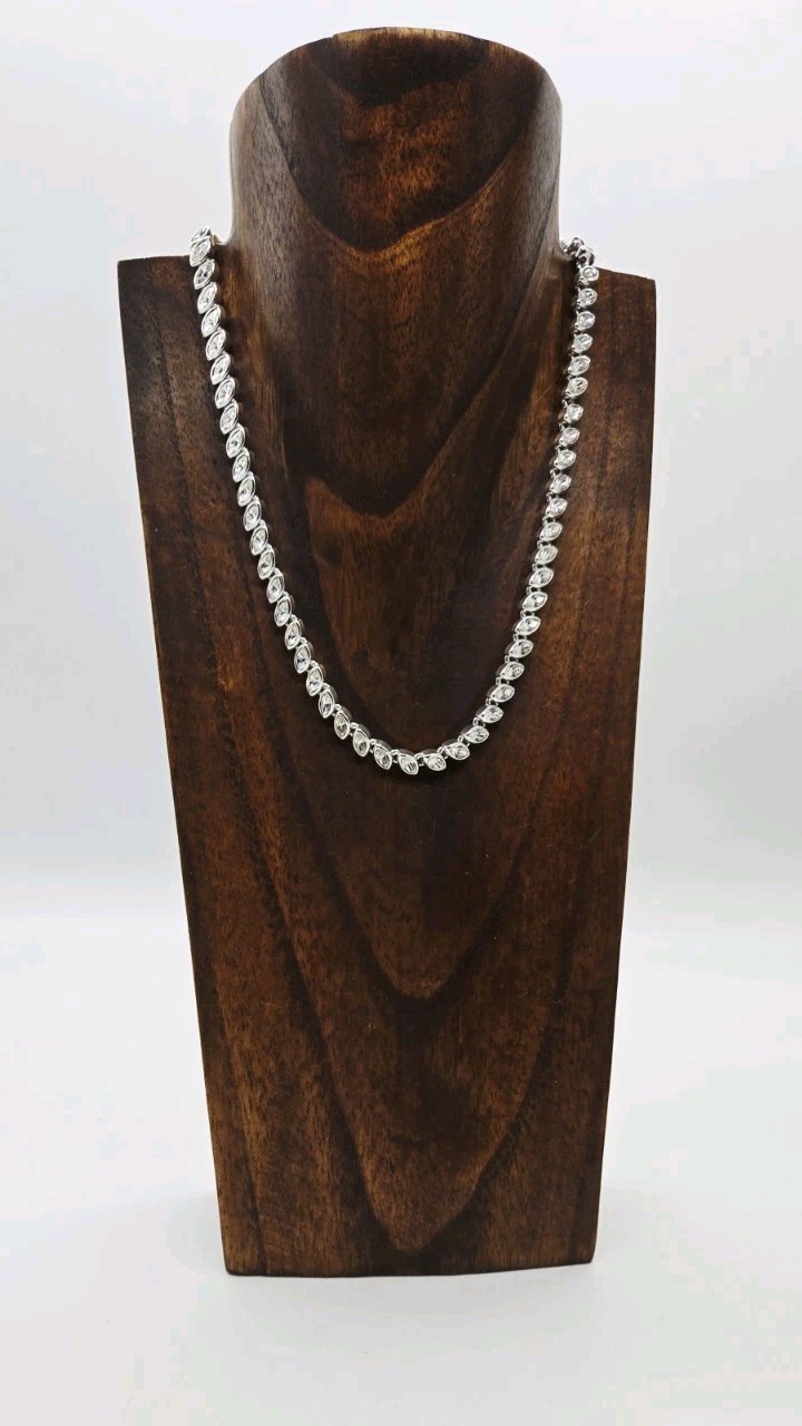 Tennis Necklace Marquise Crystal Rhinestone Silver tone Choker 17 in Adjustable