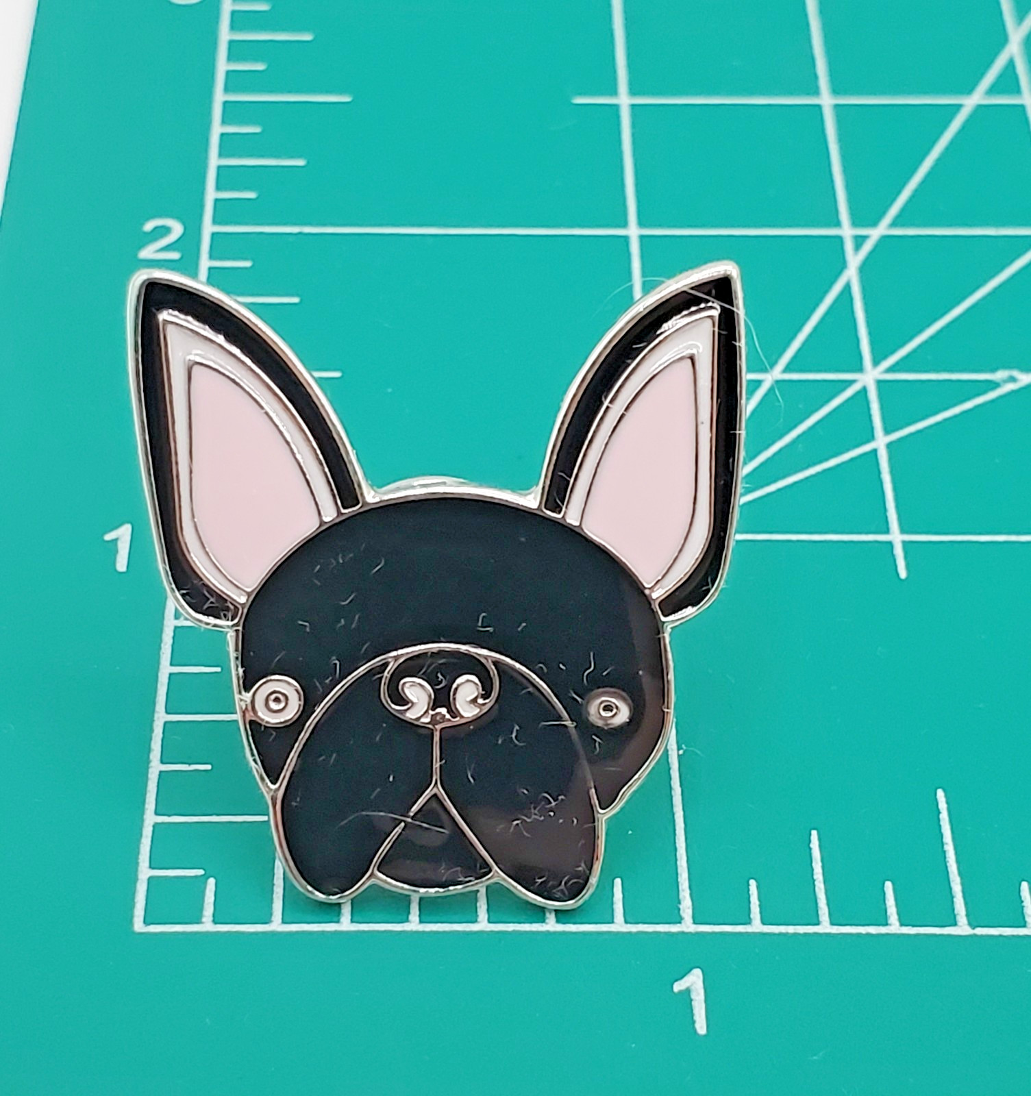 French Bulldog Dog Lapel Pin 1in Black Pink Ears Enamel Lightweight Metal Brooch