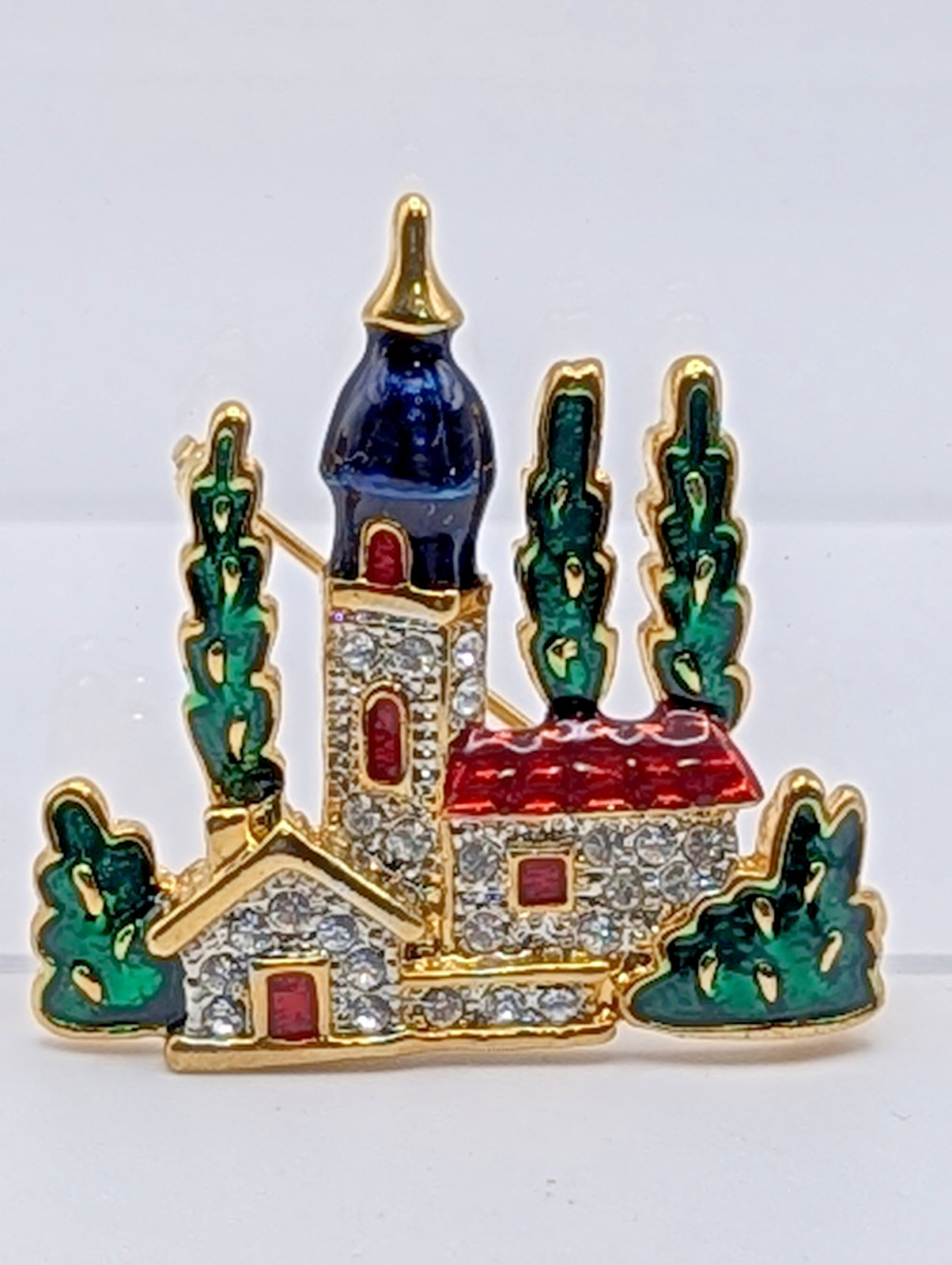 Castle Fairytale Fantasy Brooch Pin Rhinestone Enamel Gold Tone Fashion Jewelry