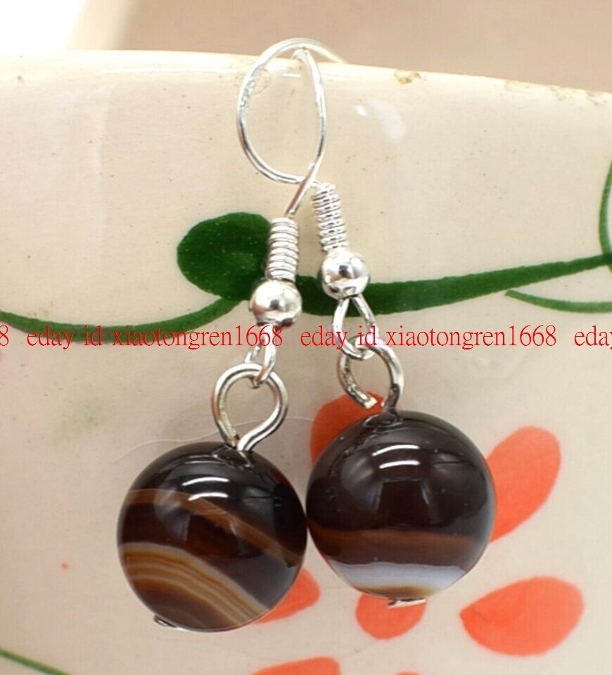 Lovely Charming 12mm Brown Striped Agate Round Gems Dangle Hook Earrings