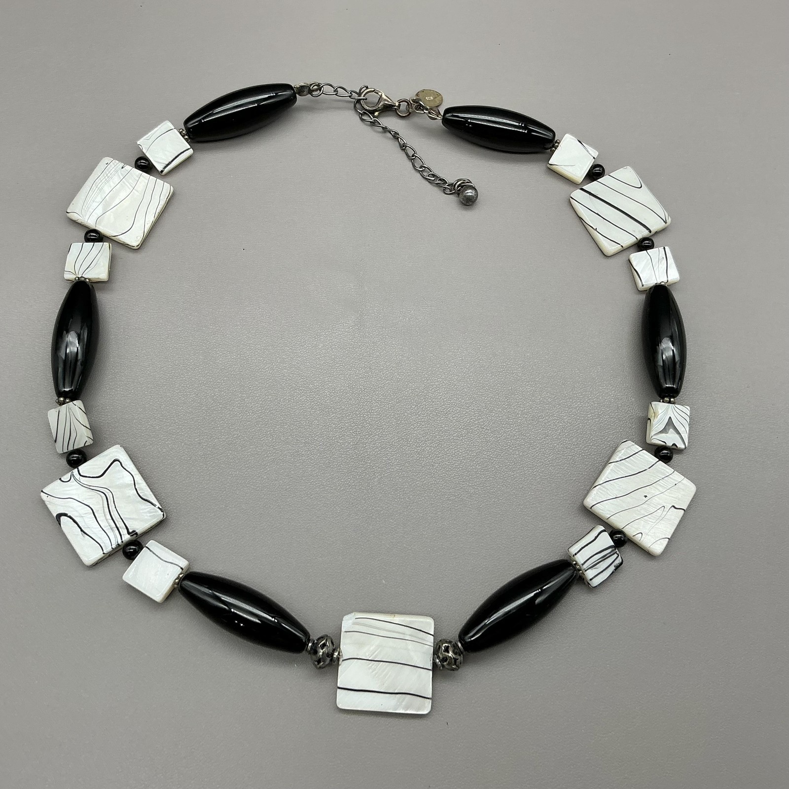 Donna Dressler Necklace Bracelet Earrings Set Black White Beaded Square Design