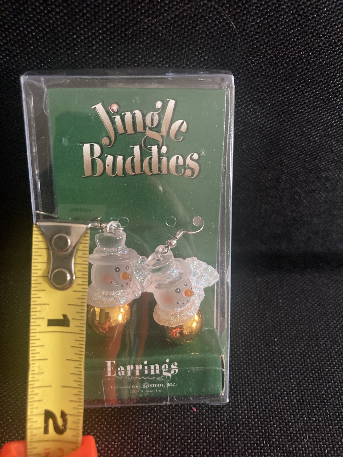 Roman Inc Jingle Buddies Snowman Earrings Dangle Gold Bell Frosted Glitter