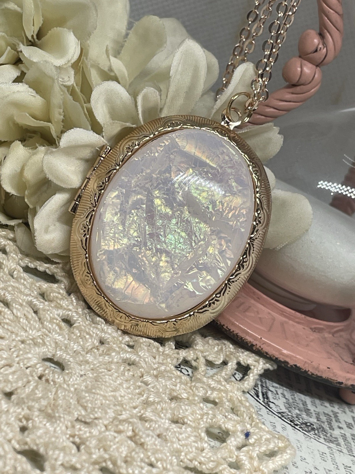 Rose Gold Photo Locket Opal Wedding Necklace Mom Daughter Birthday Anniversary