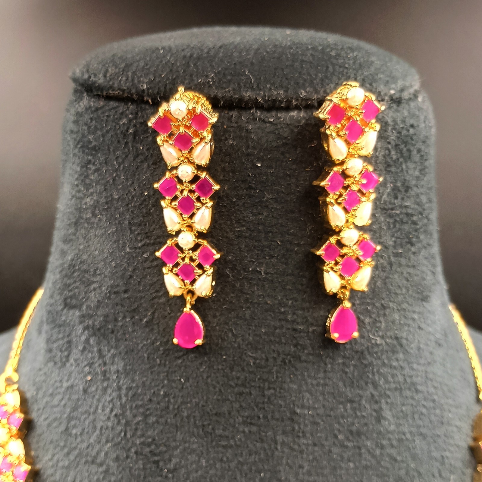 Ruby Pearl Jewelry Set 22K Gold Plated Necklace Earrings Set Wedding Partywear G