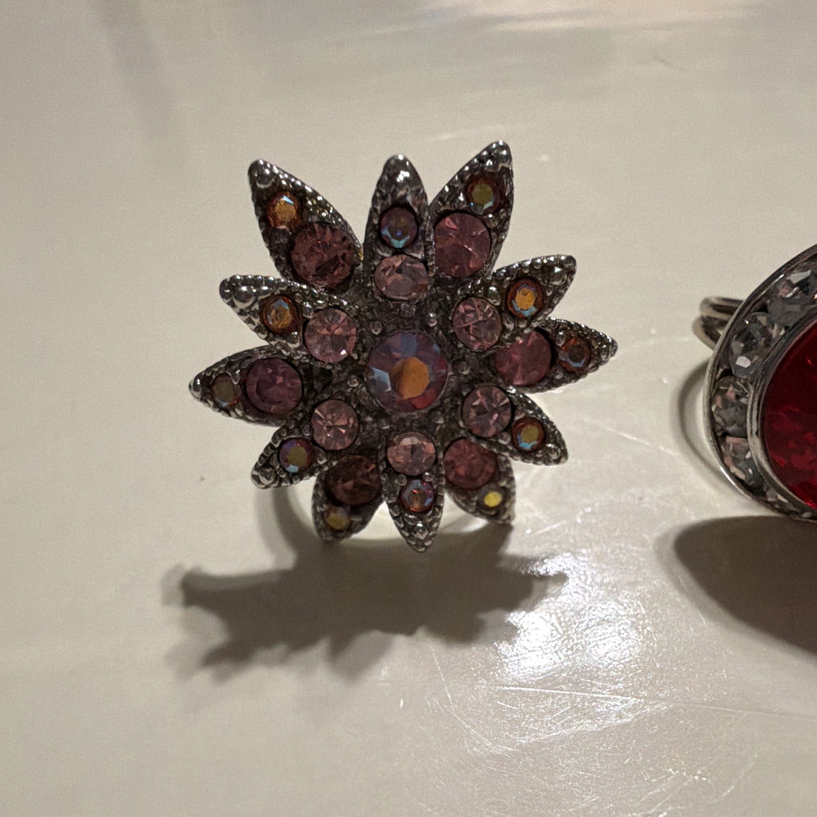 Lot of 3 Adjustable Cocktail Rings Size 7 Multicolor Rhinestone Crystal Floral