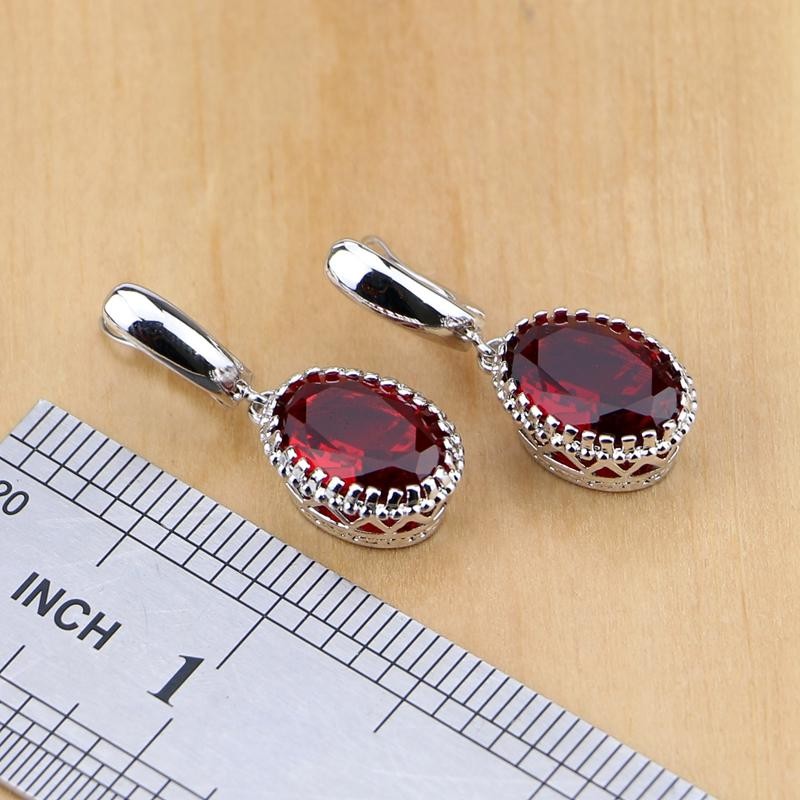 925 Sterling Silver Red Birthstone Jewelry Set Necklace Earrings Ring Gift