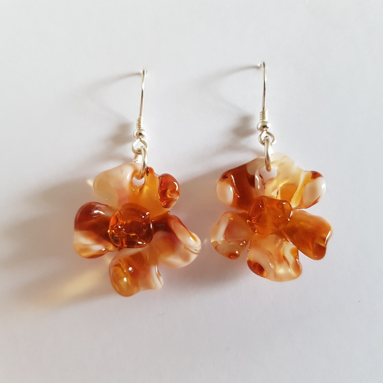 Dangle Drops Earrings Flowers Tea Brown Colors Murano Glass 925 Silver Hooks