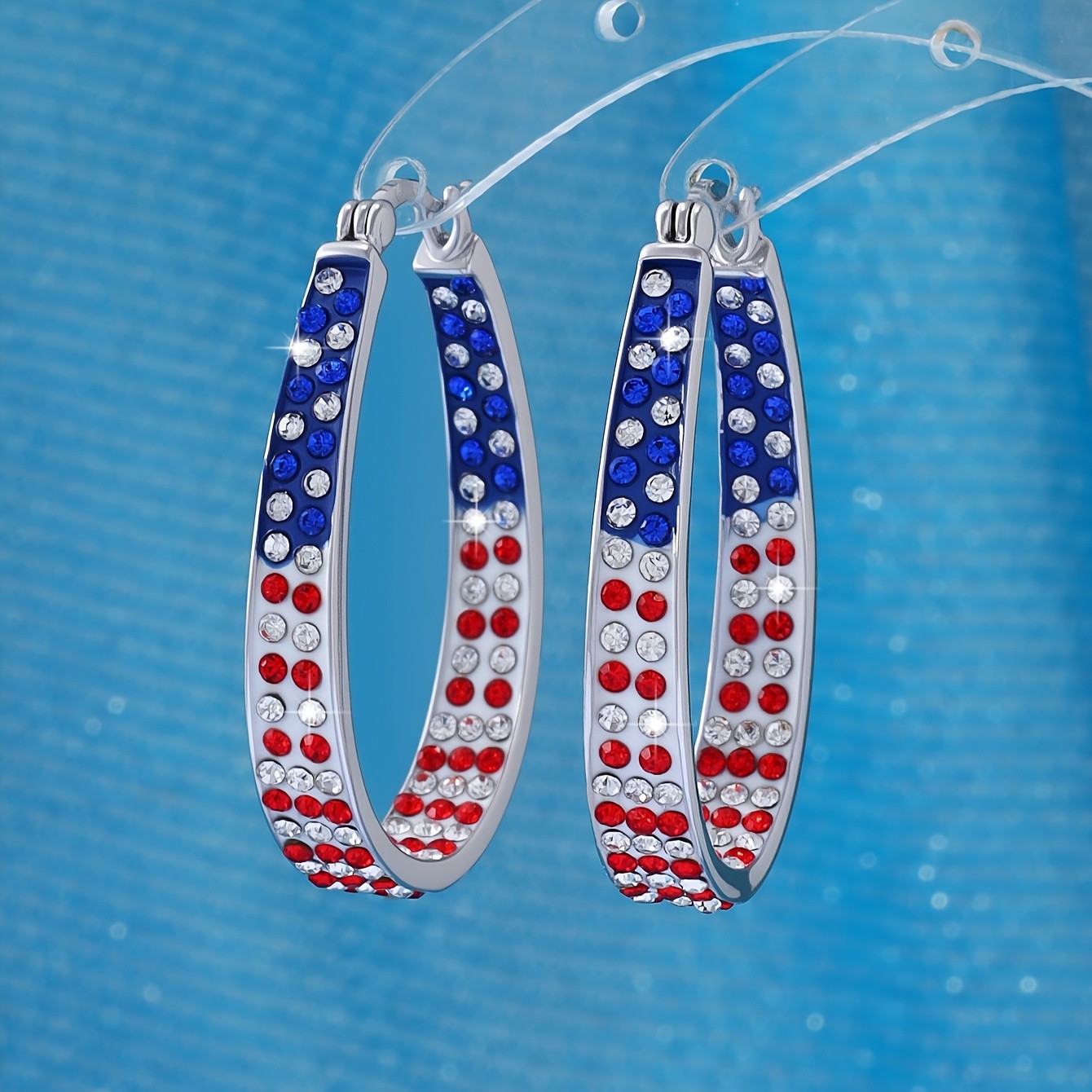 American Flag Rhinestone Hoop Earring for Women Patriotic Jewelry Fourth of July