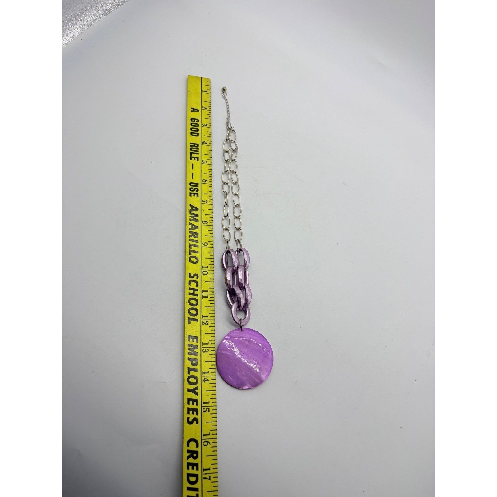 Purple Chunky Link Statement Necklace Iridescent Shell Pendant Silver Tone 17in