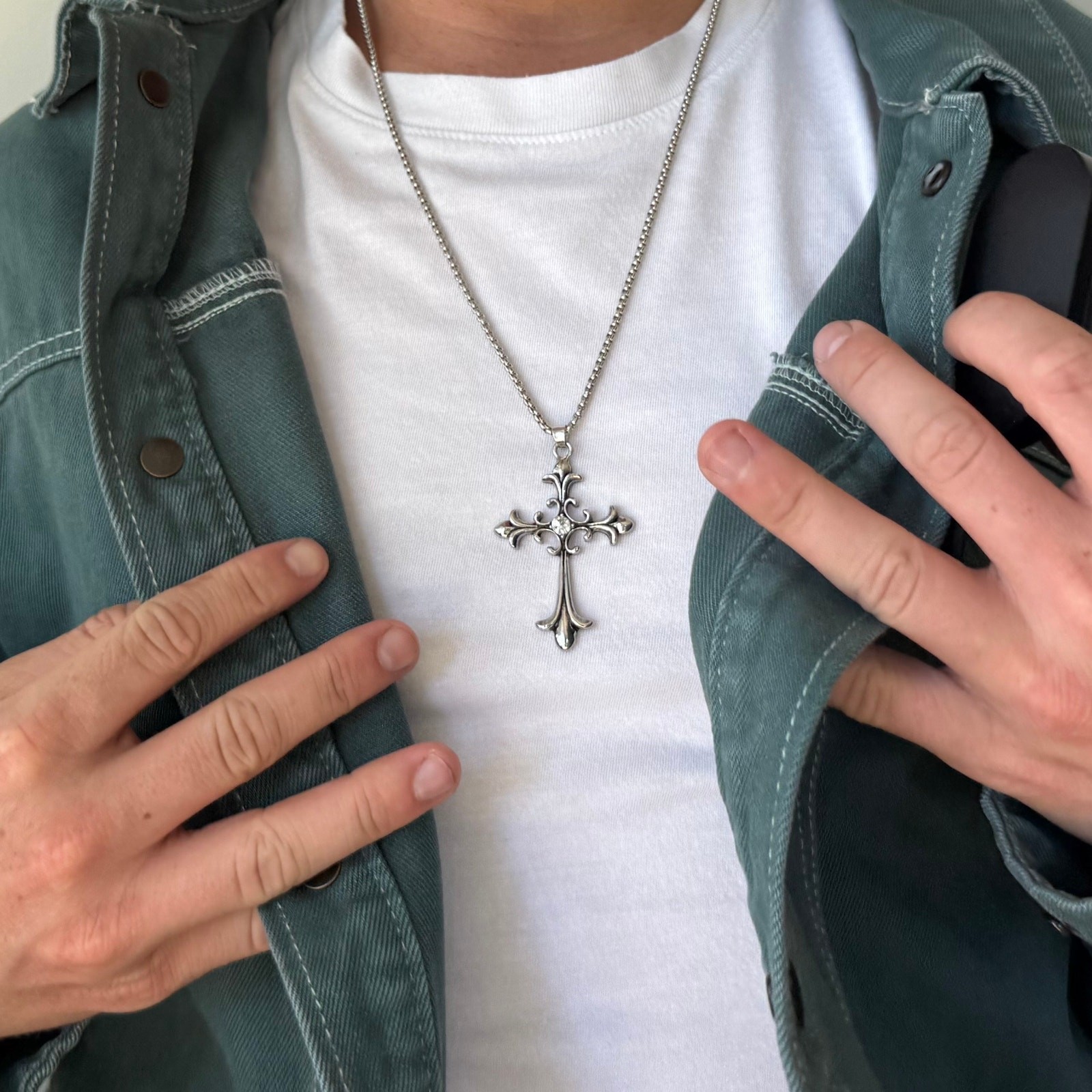 Silver Gothic Cross Pendant Necklace Unisex Stainless Steel Jewelry New