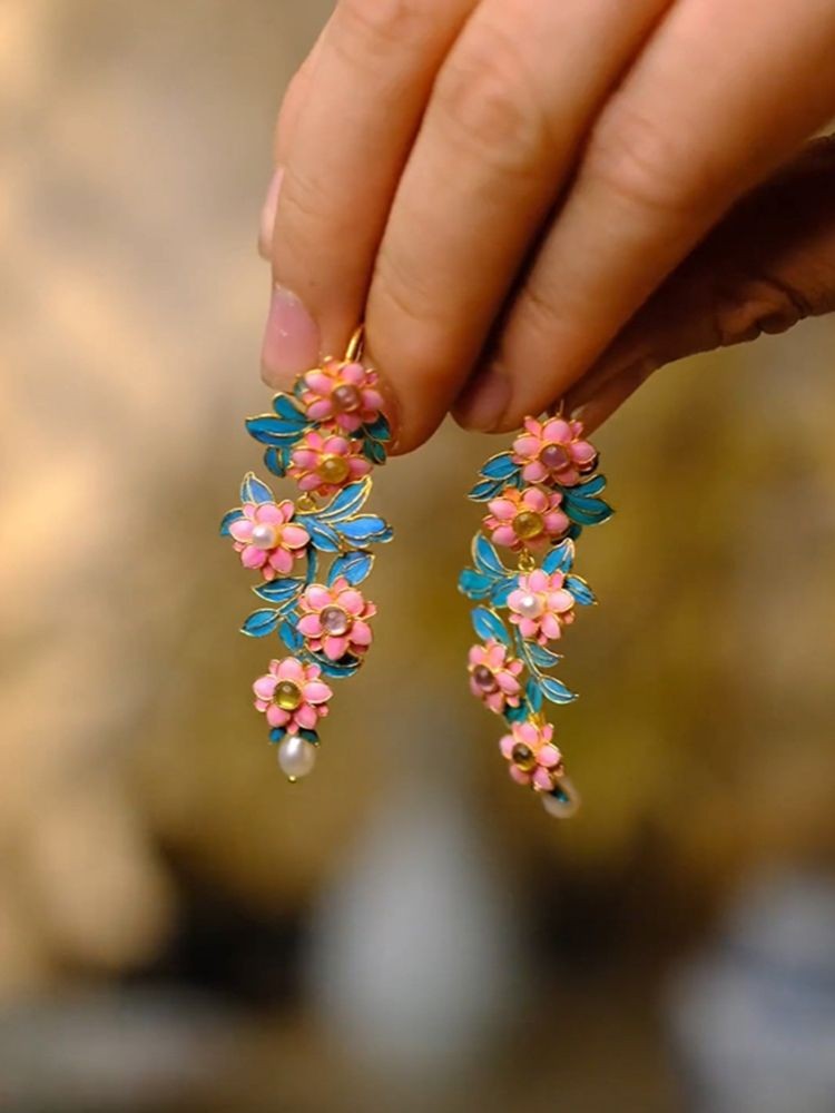 Chinese Style Filigree Enamel Flower Earrings Pearl Tassel Vintage Jewelry