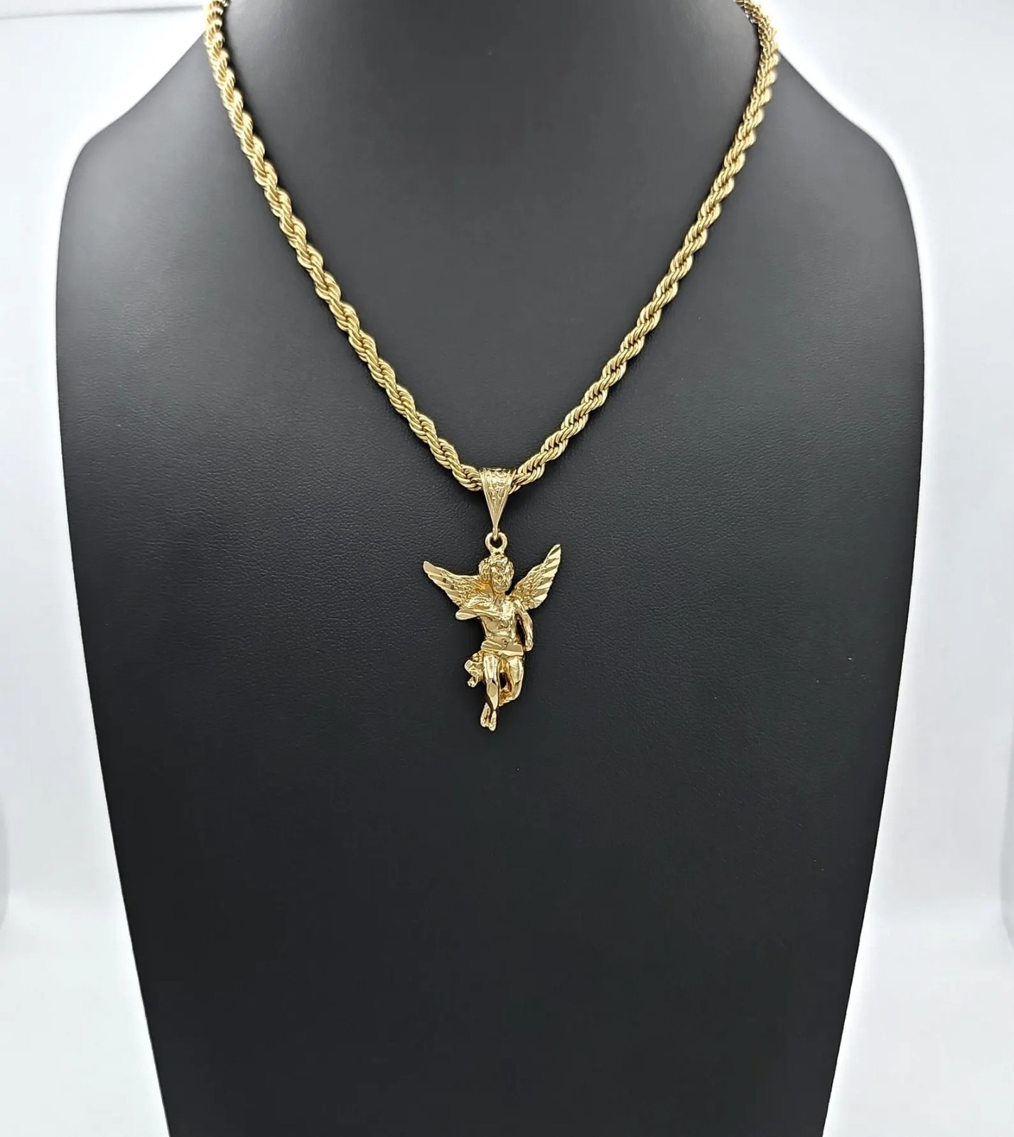 Gold Medium Sized Angel, 14k Heavy Plated Gold, 4mm Rope Chain