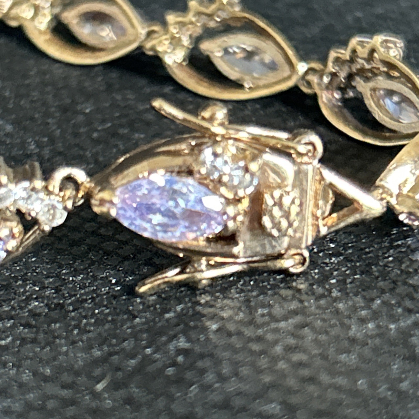 Gold Tone Brass Simulated Amethyst Marquise Rhinestone Tennis Bracelet 7 Inch