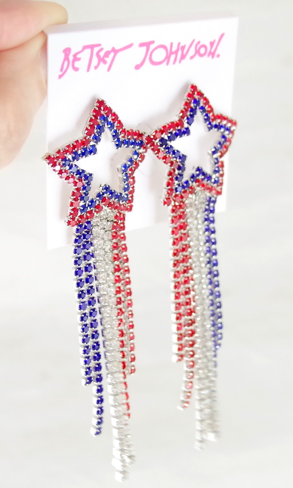 4″ Prong-Set Rhinestones! NWOT BETSEY JOHNSON PATRIOTIC DANGLE STAR EARRINGS