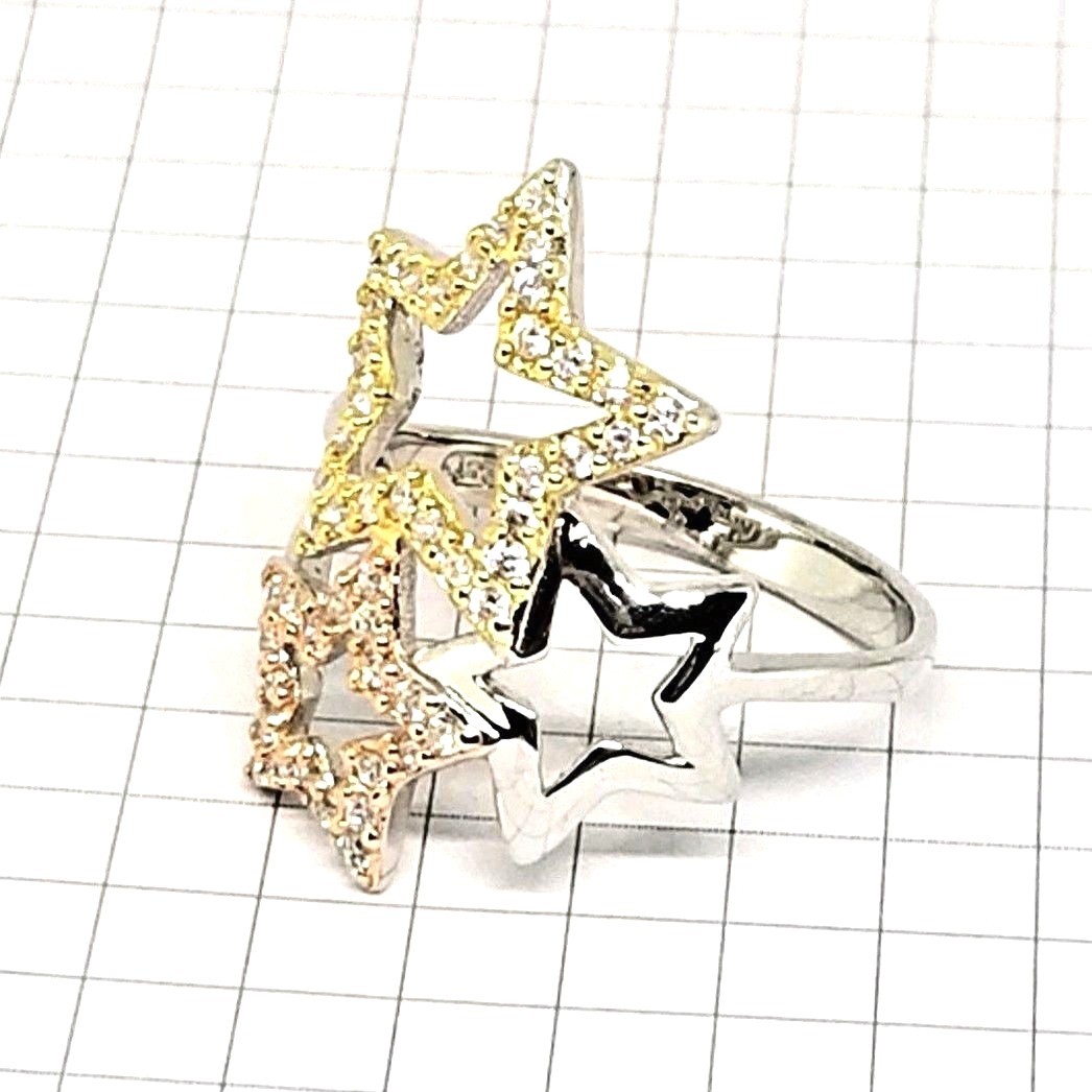(SIZE 6,7,8,9) Glittering Gold & Champagne CZ STARS RING .925 STERLING SILVER