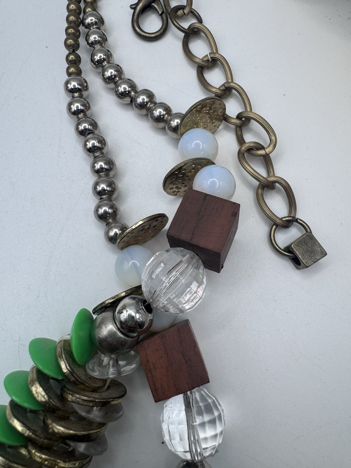 Pam Hiran Coil & Beads Necklace Green-Clear Glass & Gold Beads Whit Silver Chain