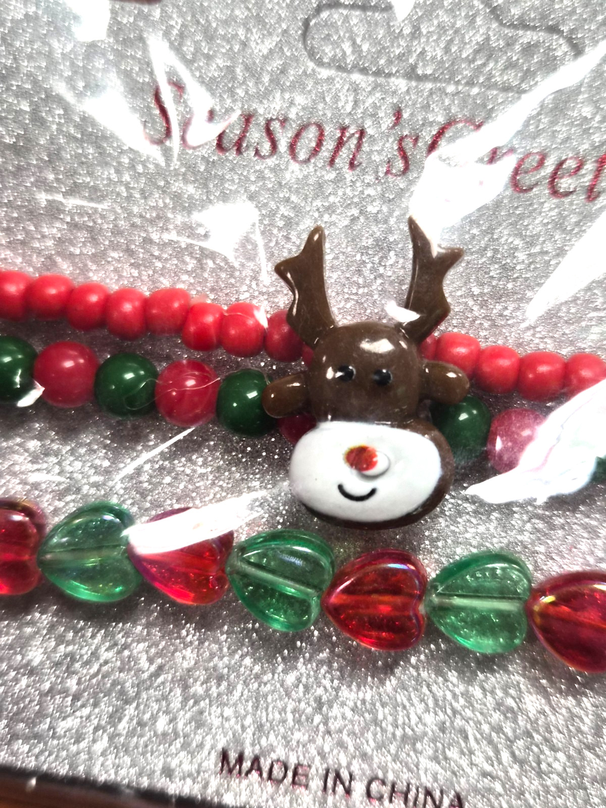 NOS Estate 3 Christmas Holiday Plastic Beaded Rudolph Reindeer 6.5″ Bracelet