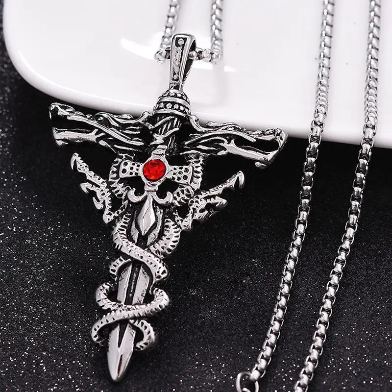 Punk Gothic Necklace Men Alloy Dragon Sword Evil Eye Cross Pendant Jewelry Gift