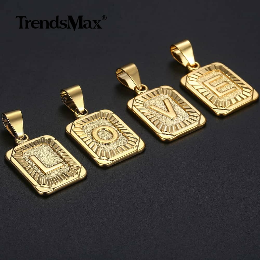 14K Gold Plated Rectangle Letter A-Z Pendant Necklaces (Curb/Box Chains+Charm)
