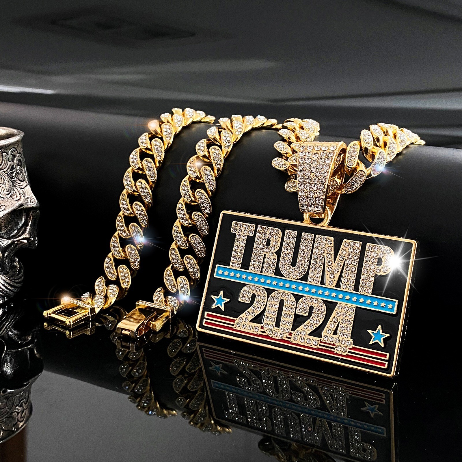Trump 2024 GEM NECKLACE Gold/Silver Bling Hip Hop Pendant & 24” Chain MAGA
