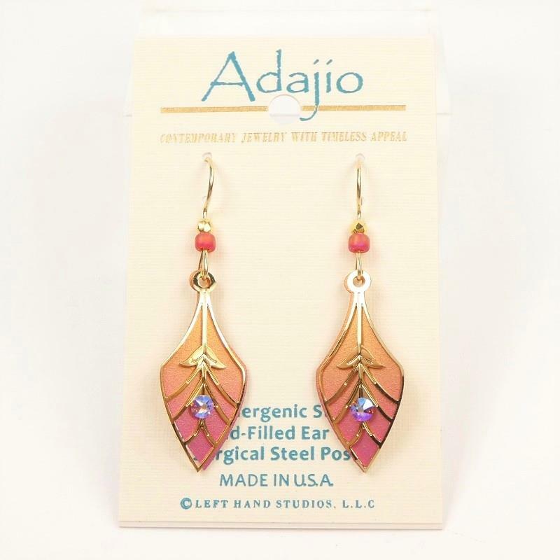 Adajio Earrings Shiny Gold Plated Leaf on Orange and Pink Teardrop Lightweight