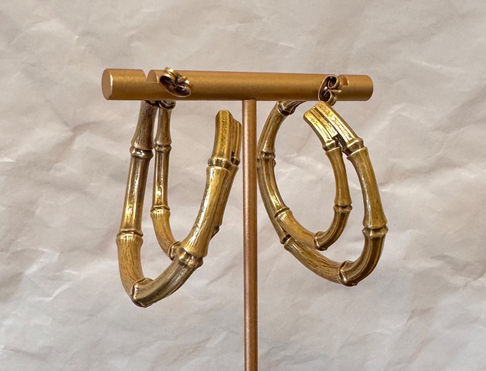 Saint Laurent YSL Bamboo Hoop Earrings Gold Tone Hoops # 564