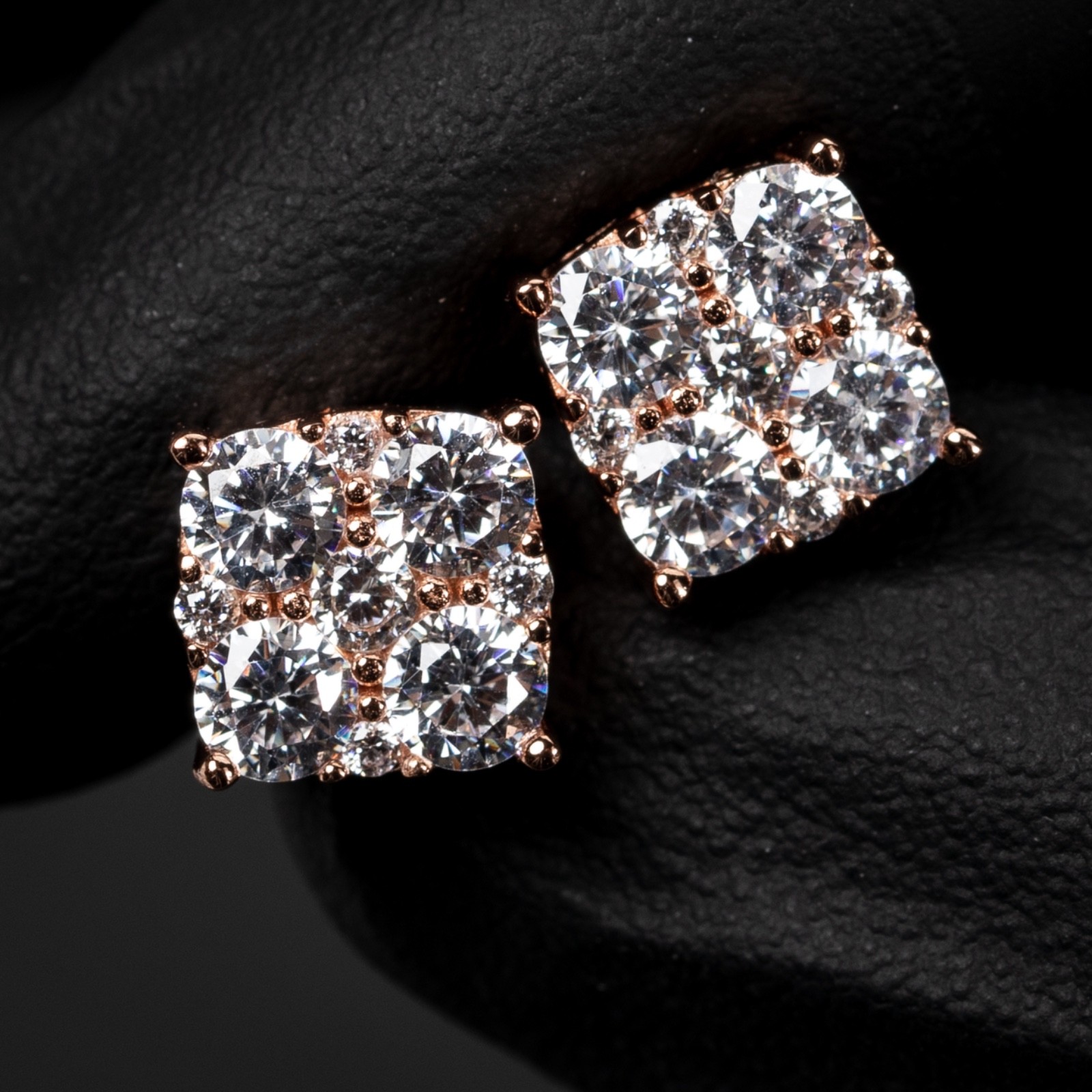 Rose Gold 925 Sterling Silver Square Flower Set Iced Cz Cluster Stud Earrings